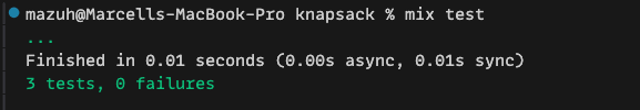 Screenshot de um terminal. Notebook de Marcell, comando "mix test", resultando como "finalizado em 0.01 segundos" após 3 sucessos e 0 falhas.